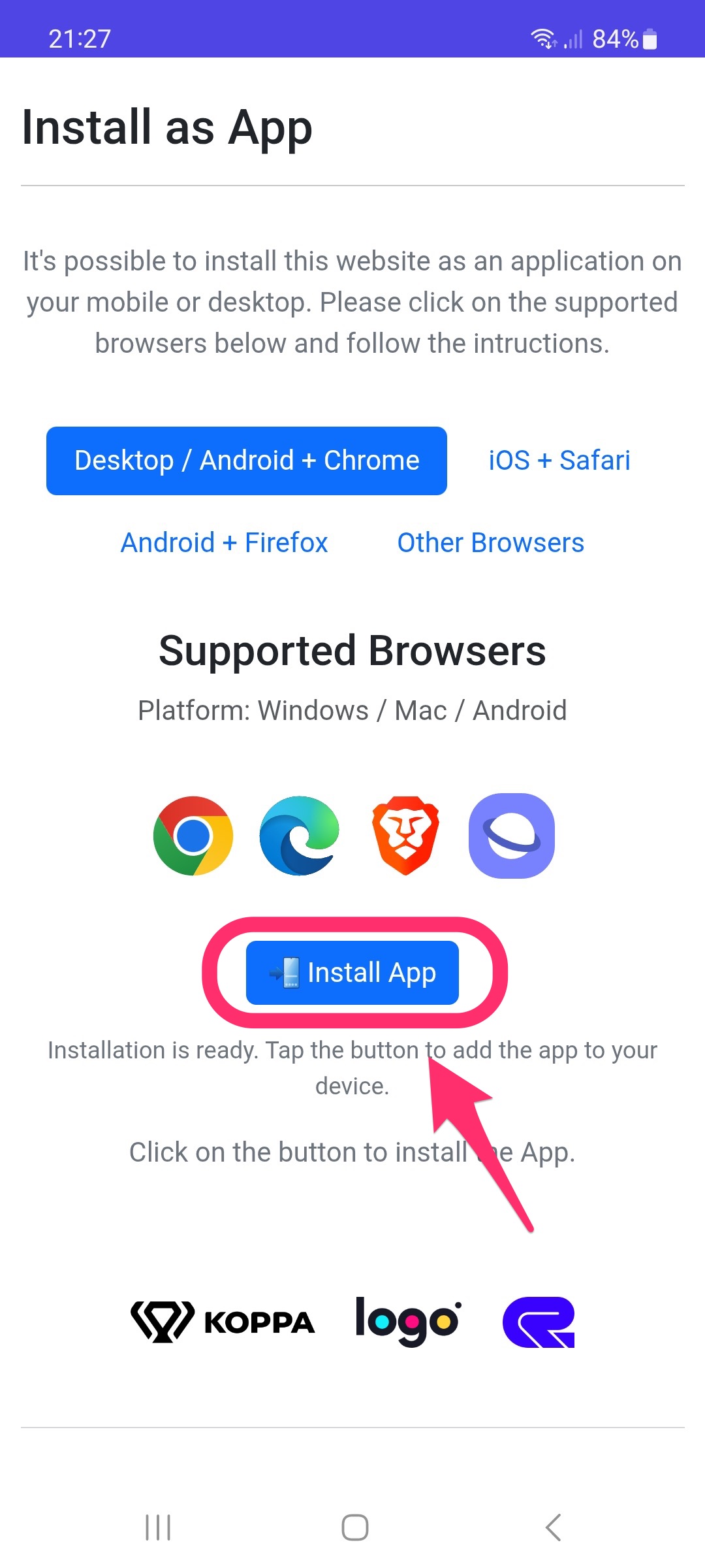 Install App button in Chrome on Android